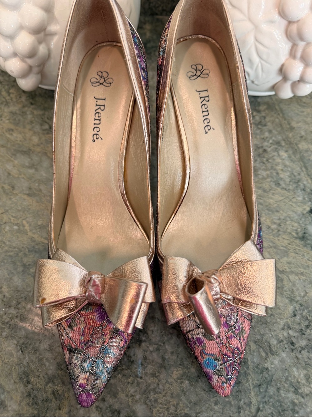J. Renée Multicolor Floral Metallic Bow Pointed Toe Pumps Size 10